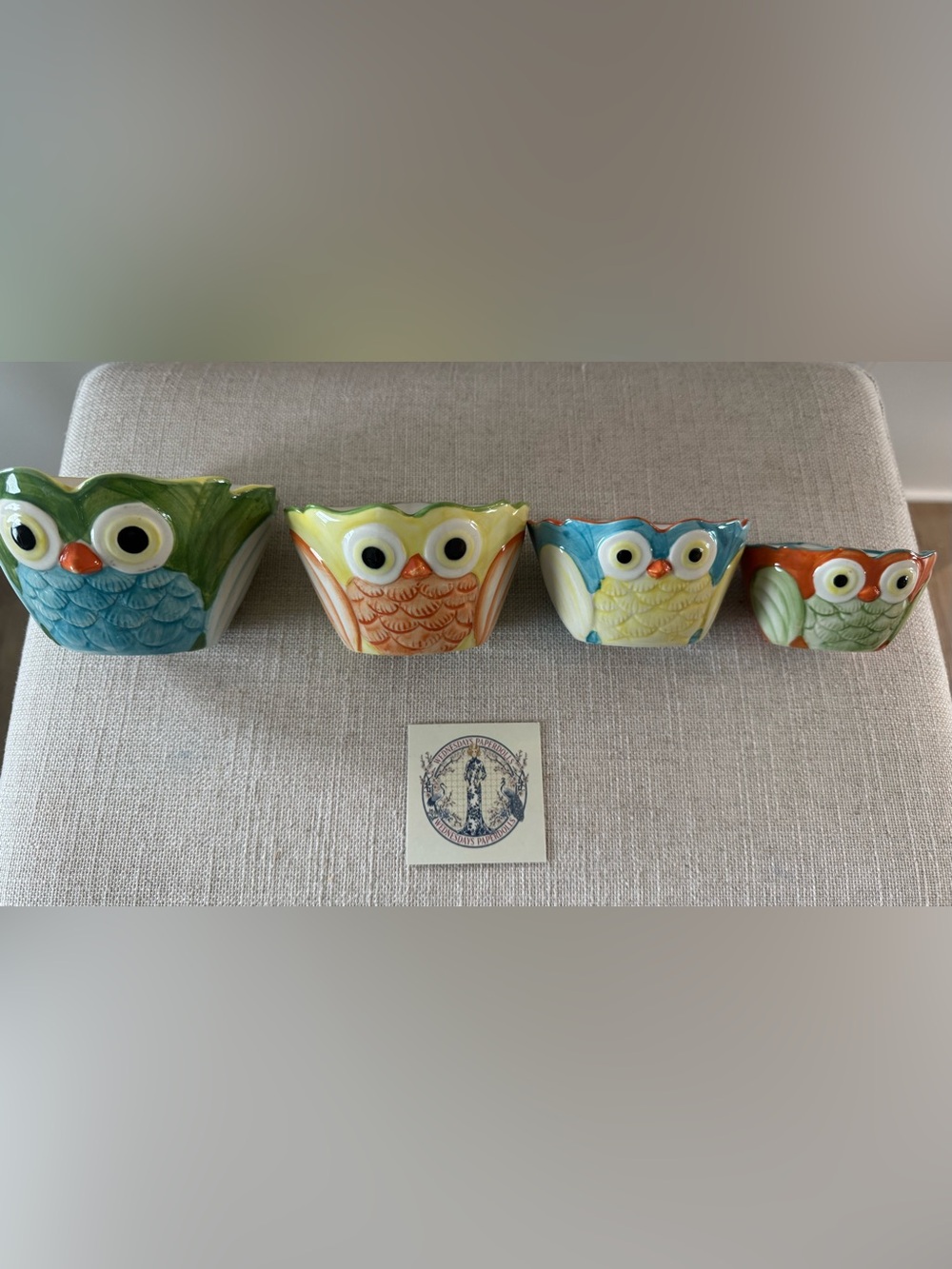 Pier 1 Imports Hand Painted Stoneware Nesting Owl Measuring Cups ~ Set of 4